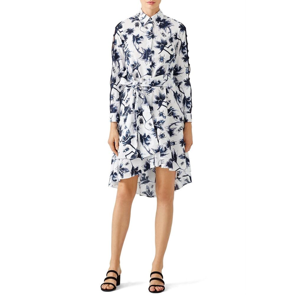 Osman Suzie White Floral Print Long Sleeve Tie Waist High Low Shirt Dress Sz 12